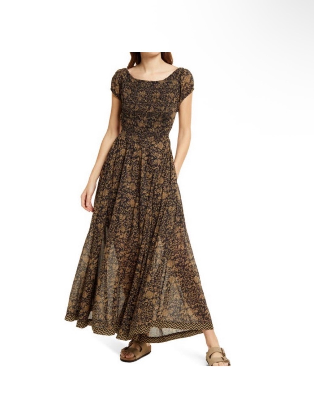 Free People Ultraviolet Brown Floral Maxi Dress with Cap Sleeves NWOT XS